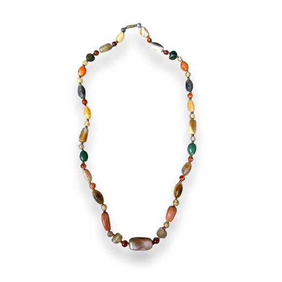 Vintage Bead Necklace with Gold Balls Quartz, Amazonite, Agate, Amethyst 28 in - Picture 1 of 7